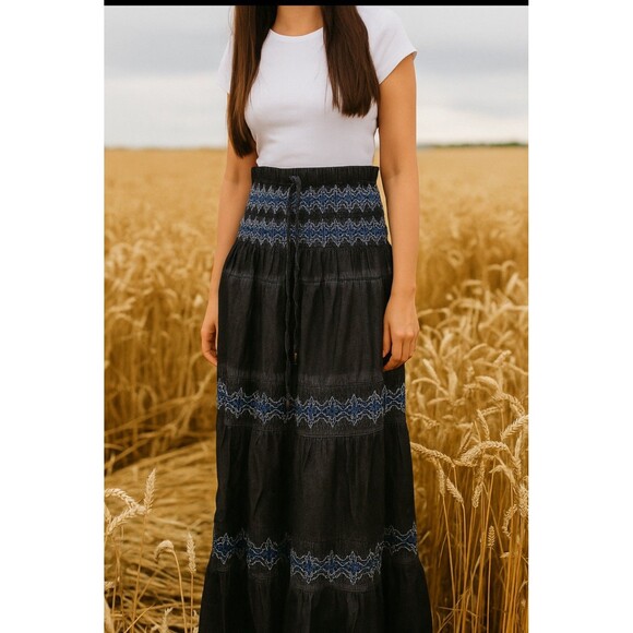 Womens Blue Smocked Waist Boho Peasant 100% Cotton Embroidered Maxi Skirt Sz M - Picture 1 of 12